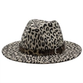 Close-up of leopard print wool jazz fedora hat with decorative belt and silver buckle - Beige