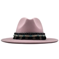 Detail of pink wool fedora with bohemian woven band, turquoise beads and metal charms - Pink