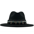 Black wool felt fedora with bohemian ethnic woven band and vintage metal coins - Black