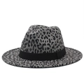 Classic gray wool fedora hat with black leopard print and decorative ribbon band - Dark Gray