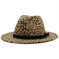 Detail of leopard print wool fedora featuring a black leather band and gold metal buckle - Light Orange