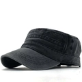 Classic washed black cotton cadet army cap with flat top and breathable eyelets - Adjustable / Black