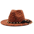 Chapeau Fedora orange à motif léopard avec bandeau perlé et nœud noir élégant - Rouge Orangé