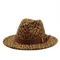 Detail of leopard print wool felt fedora featuring a faux leather band and gold buckle - One Size (56-59cm) / Dark Orange