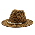 Leopard print wool fedora hat with flat brim and elegant pearl ribbon decoration - One Size / Dark Orange