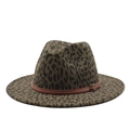 Dark green leopard print wide brim wool felt fedora hat with brown leather buckle band - M(56-59CM) / Army Green