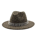 Detailed view of leopard print fedora hat featuring double row pearls and crystal band - M(56-59CM) / Army Green