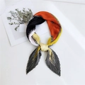 Pleated square scarf with gold chain print in orange, black and white patchwork - Chain Frame Grey Border
