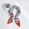 Pleated square scarf with navy geometric lines and orange border on white background - Wave Orange Border