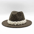 Close-up of leopard print fedora hat featuring elegant multi-layer pearl bead decoration - Army Green