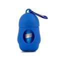 Blue paw-shaped pet waste bag dispenser with silicone shell and metal carabiner clip - Blue