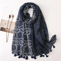 Navy blue bohemian scarf with white polka dots, retro geometric prints and tassel fringe - SL1904-122 (Dark Blue White Totem Tassel)