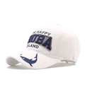 White cotton baseball cap with blue Aruba shark embroidery and One Happy Island lettering - ARUBA Shark Embroidery Style / White