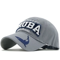 Grey baseball cap with Happy Aruba Island text and blue fish embroidery detail - ARUBA Shark Embroidery Style / Gray