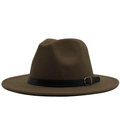 Chapeau Fedora en laine marron foncé avec bord plat et ceinture en similicuir noir - Kaki