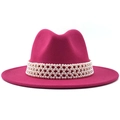 Chapeau fedora en laine rose fuchsia à bord large avec ruban de perles élégant - M (56-58cm) / Rose rouge