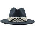 Chapeau fedora en laine noire élégante orné d'un ruban tissé de perles blanches - M (56-58cm) / Gris clair