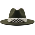 Close-up of dark green wool fedora hat featuring a luxury white pearl woven band detail - M (56-58cm) / Green