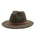 Olive green leopard print fedora hat with wide brim and brown leather band detail - M(56-59CM) / Army Green
