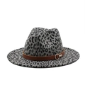 Detail of grey leopard print fedora hat featuring a brown leather band and silver metal buckle - M(56-59CM) / Dark Gray