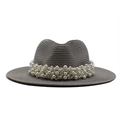 Chapeau de soleil fedora en paille grise avec perles élégantes pour la plage en été - Gris