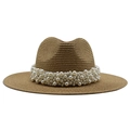 Cappello di paglia a tesa larga con perle bianche per spiaggia e vacanze estive - Cachi