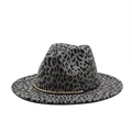 Grey leopard print wool fedora hat with flat brim and elegant gold metal chain trim - M(56-59CM) / Dark Gray