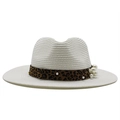 Cappello di paglia con nastro leopardato e decorazioni di perle in stile Panama - M(56-58cm) / Bianco