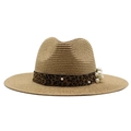 Cappello fedora in paglia da donna con nastro leopardato e perle per la protezione solare - M(56-58cm) / Cachi