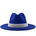 Elegant royal blue wide brim wool fedora hat featuring a triple-row pearl decorative band - M (56-58cm) / Blue