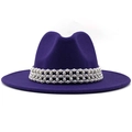 Elegant deep purple wool fedora hat with triple-row pearl decorative band and flat brim - M (56-58cm) / Purple