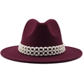 Elegant wine red wool fedora hat featuring a stylish white faux pearl band decoration - M (56-58cm) / Burgundy