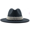 Close-up of a wide-brim black fedora featuring a woven pearl decorative band and flat brim - M (56-58cm) / Dark Gray
