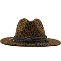 Leopard print wool fedora hat with turquoise beadwork and boho tassel detail - M (56-58cm) / Khaki