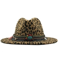 Leopard print wool fedora with ethnic beaded band and turquoise stone accent - M (56-58cm) / Camel