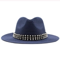Chapeau de soleil bleu marine en paille avec perles et strass pour femmes en été - M (56-58cm) / Bleu marine