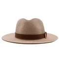 Classic wide brim straw panama hat with brown leather band and gold buckle - M (56-58cm) / Pink