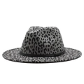 Classic grey leopard print fedora hat with wide brim and black leather band decoration - Dark Gray