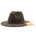 Detail view of leopard print wool fedora featuring brown cord and feather pendant - Army Green
