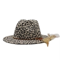 Leopard print wool fedora hat with ethnic beads and brown feather decoration - Beige