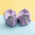 Purple low-cut cotton blend socks featuring cute embroidered cat face on heel - One Size / Purple