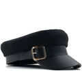 Elegante schwarze Schirmmütze mit Wolloberteil, PU-Leder Schirm und goldener Metallschnalle - Verstellbar / Schwarz
