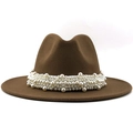 Detail of brown wool fedora hat featuring elegant white pearl embellishments on the brim - Khaki