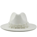 Elegant white wool felt fedora hat for women with luxury pearl embellishment band - M (56-58cm) / White