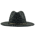 Grey leopard print wool fedora hat with wide brim and gold metal band for women - Dark Gray