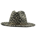 Classic beige leopard print wool fedora hat with gold metal band and wide brim for women - White