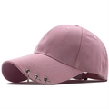 Pink cotton baseball cap featuring silver rings on brim and adjustable strap closure - Adjustable / Pink