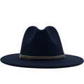 Detail of dark blue fedora hat featuring a brown band with double-row metal rivets - Navy Blue