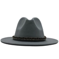 Elegant grey wide brim fedora hat with braided leather band and crystal accents - Gray