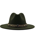 Cappello Fedora verde oliva a tesa larga con fascia etnica di perline e decoro - M (56-58cm) / Verde